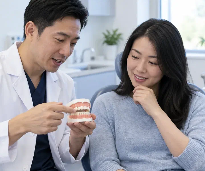A dentist explaining a crowded tooth arrangement using a dental model
