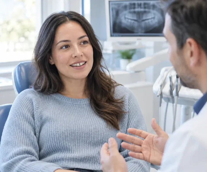 A patient discussing a front-tooth gap and treatment choices with a dentist