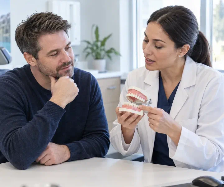 A dentist using a model to explain vertical front-tooth overlap to a patient