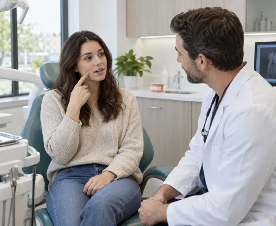 A patient describing a sensitive tooth to a listening dentist
