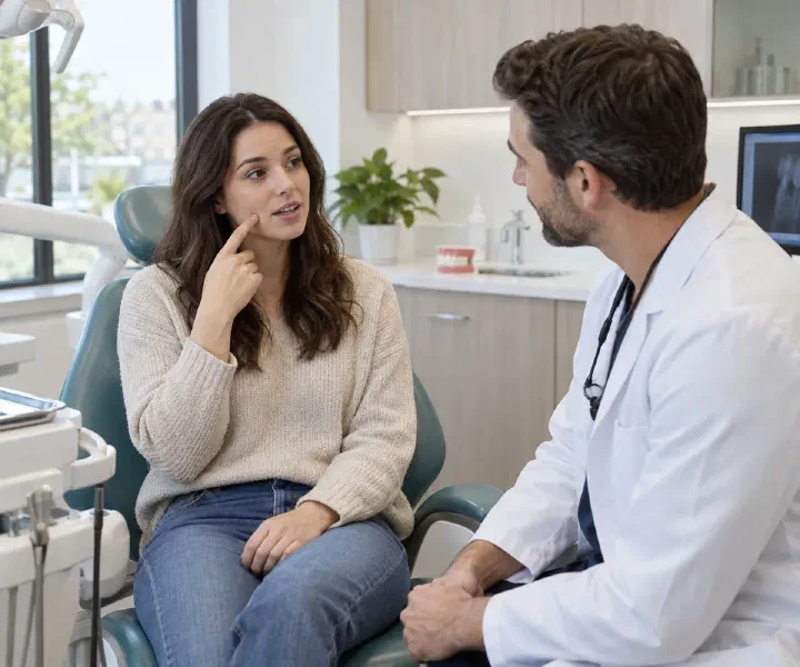 A patient describing a sensitive tooth to a listening dentist