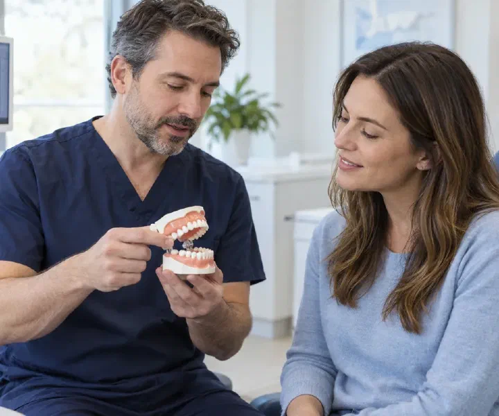 A dentist discussing upper and lower jaw relationships using a dental model