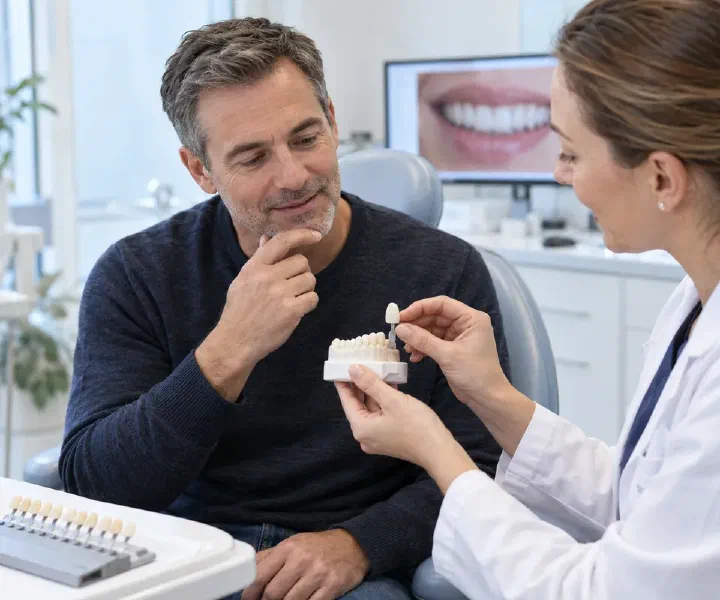 A dentist assessing an existing veneer with a patient and dental model