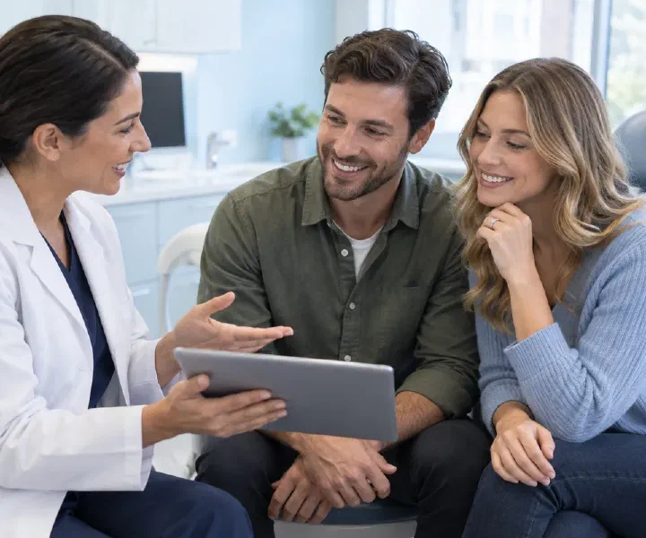 A couple discussing wedding smile priorities with a dentist