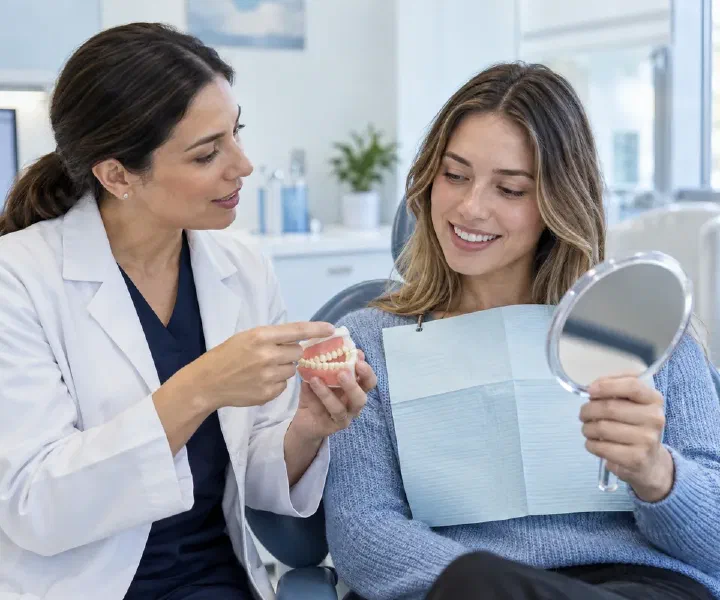 A dentist and patient reviewing a white enamel mark with a handheld mirror