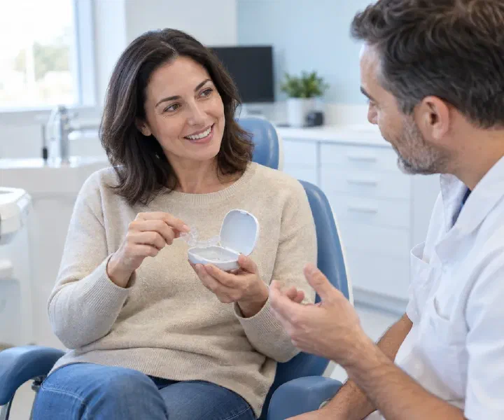 A patient discussing whitening-tray comfort with a dentist