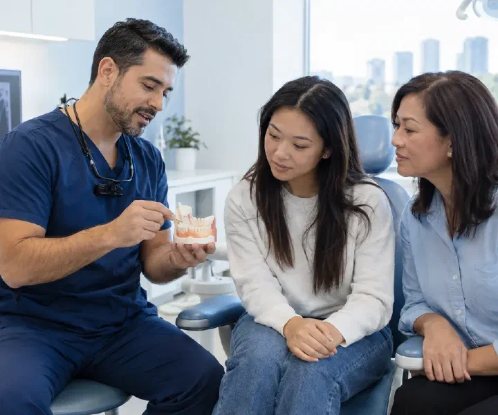 Dentist reviewing wisdom tooth position on a jaw model with a young adult patient
