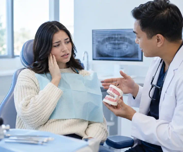 Dentist discussing pain around a wisdom tooth with a patient while pointing to the back of a jaw model