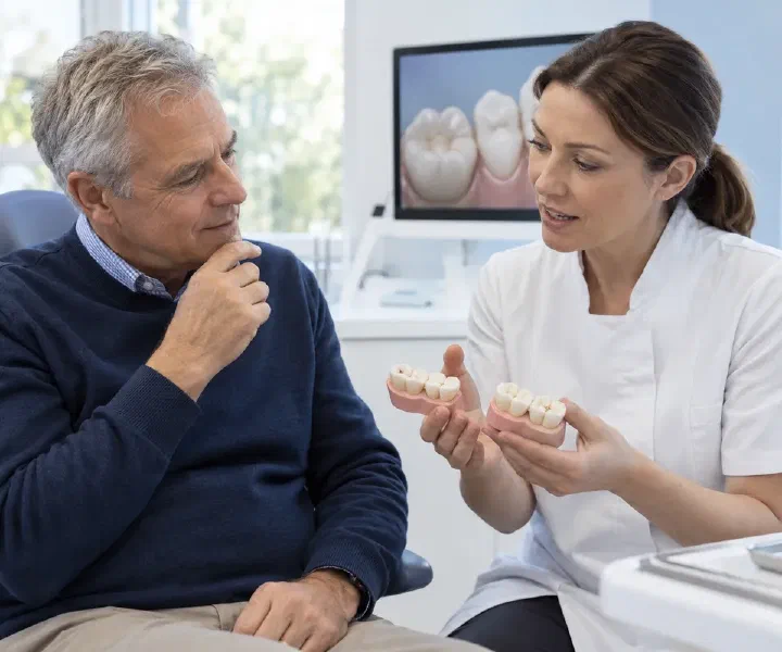 A patient discussing restoration of worn teeth with a dentist and a dental model